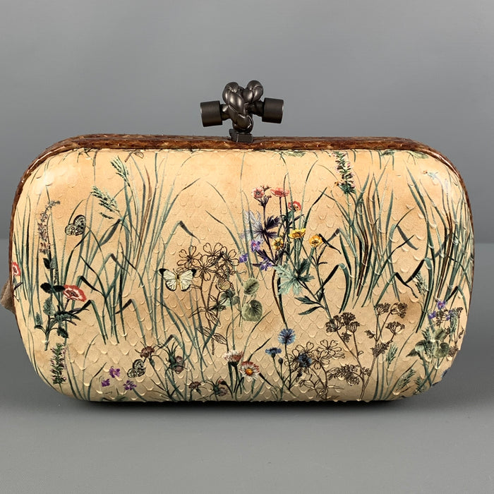 BOTTEGA VENETA Beige Floral Python Skin Leather Pochette Knot Clutch