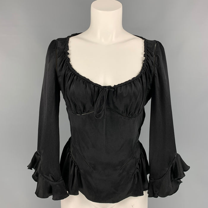 ALEXANDER MCQUEEN Size 8 Black Satin Silk 3/4 Sleeves Blouse