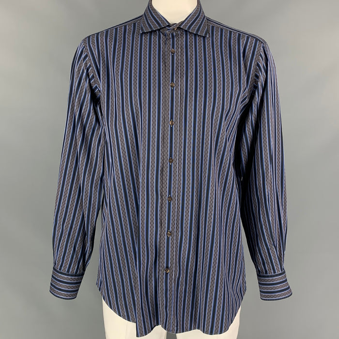 ETRO Size XL Grey & Navy Stripe Cotton Button Up Long Sleeve Shirt