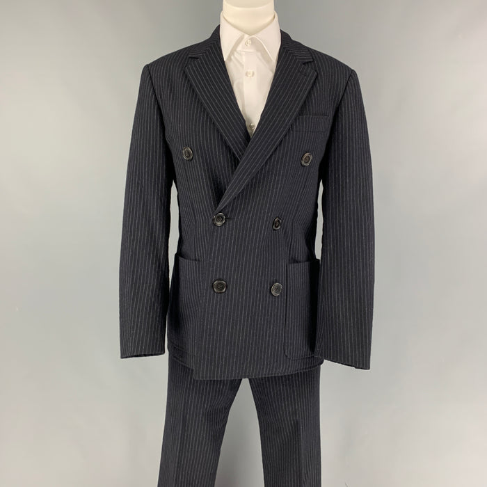 HERMES Size 34 Navy Stripe Wool Angora Double Breasted Suit