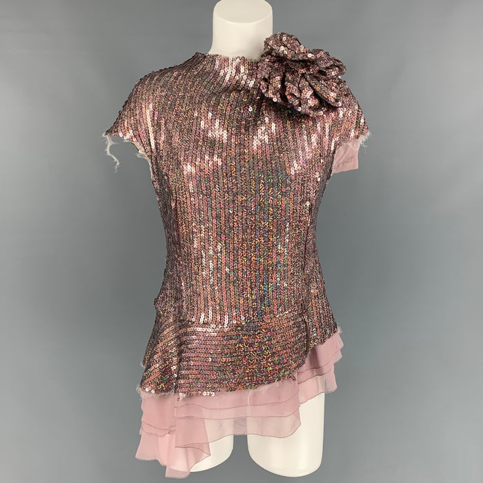 MARC JACOBS Size 8 Pink Sequined Polyester Cap Sleeves Dress Top