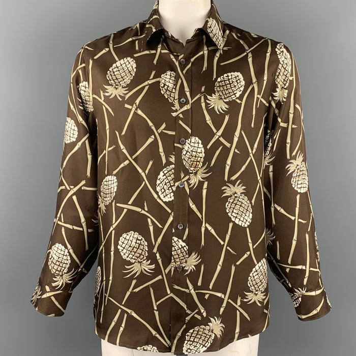 MICHAEL KORS Size L Brown & White Print Silk Button Up Long Sleeve Shirt
