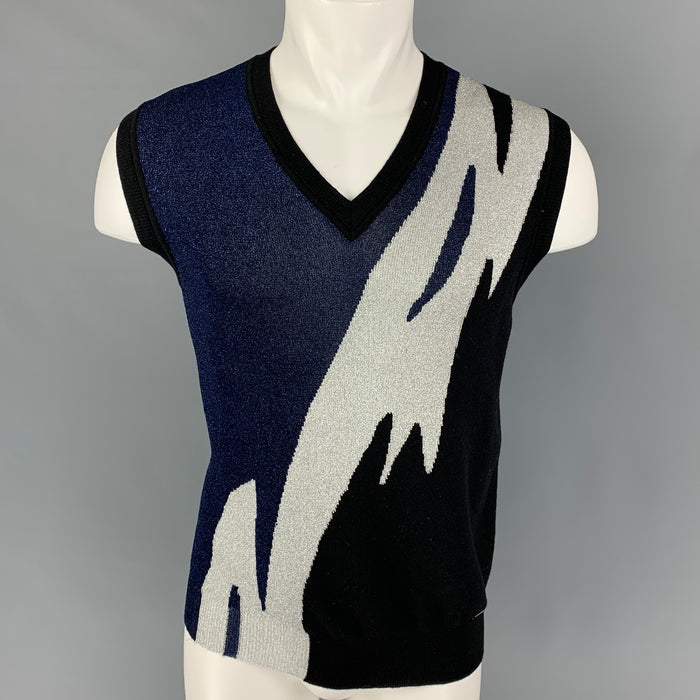 DSQUARED2 Size M Black Navy Silver Metallic Wool Blend Vest