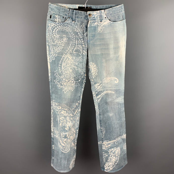 ROBERTO CAVALLI Size 33 Light Blue Paisley Denim Button Fly Jeans