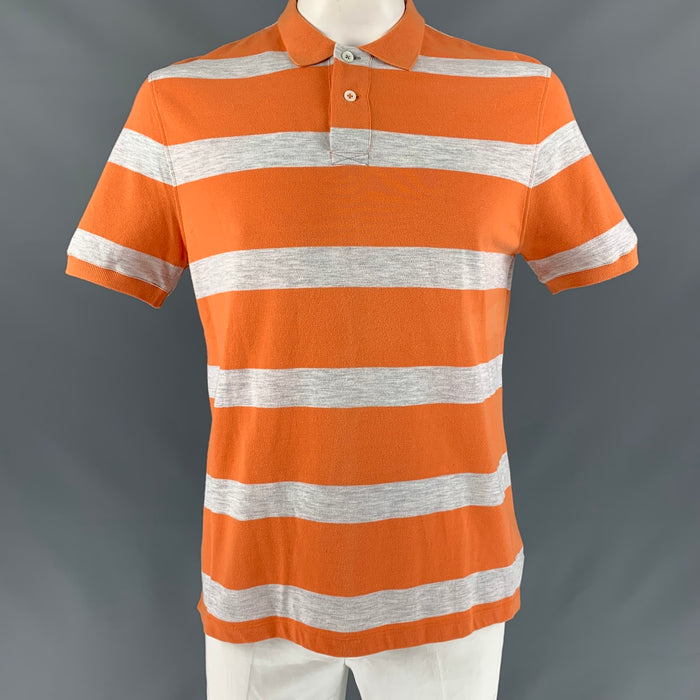 BRUNELLO CUCINELLI Size XL Orange & Light Grey Stripe Cotton Short Sleeve Polo