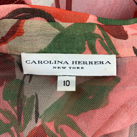 CAROLINA HERRERA Size 10 Pink Beaded Feather Silk Buttoned Jacket
