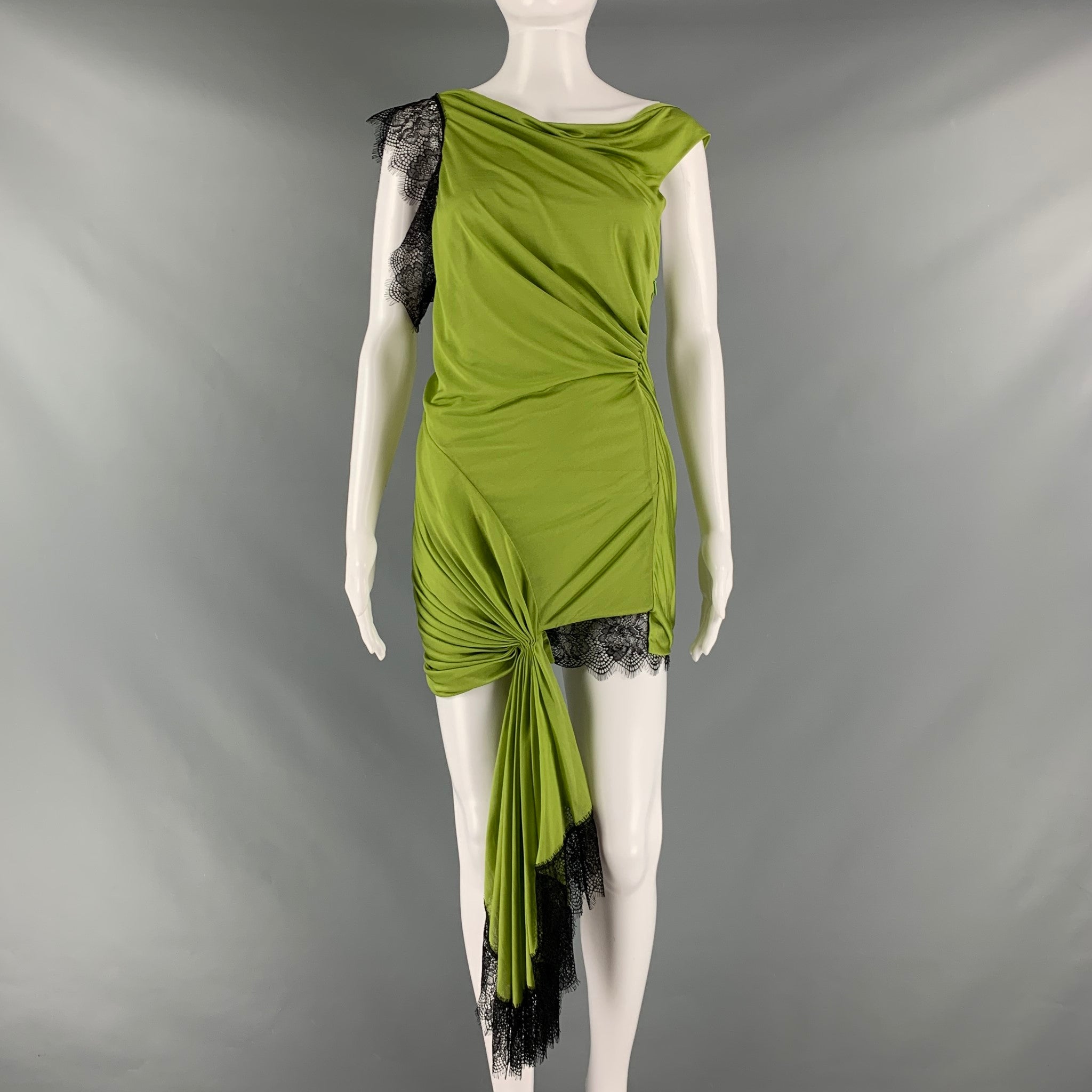 CHRISTOPHER ESBER Size 6 Green Black Viscose Polyester Lace Asymmetrical  Dress