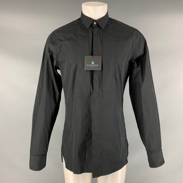 LANVIN Size M Black Solid Cotton Hidden Placket Long Sleeve Shirt