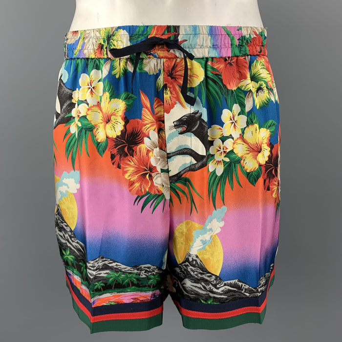 GUCCI Size XL Multi-Color Floral Hawaiian Print Silk Drawstring Shorts