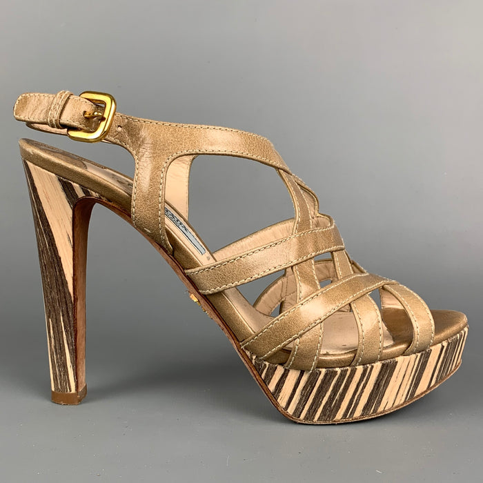 PRADA Size 6.5 Taupe & Beige Leather Platform Heel Sandals