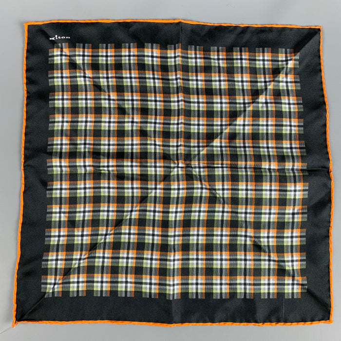 KITON Black Orange Green Plaid Silk Pocket Square