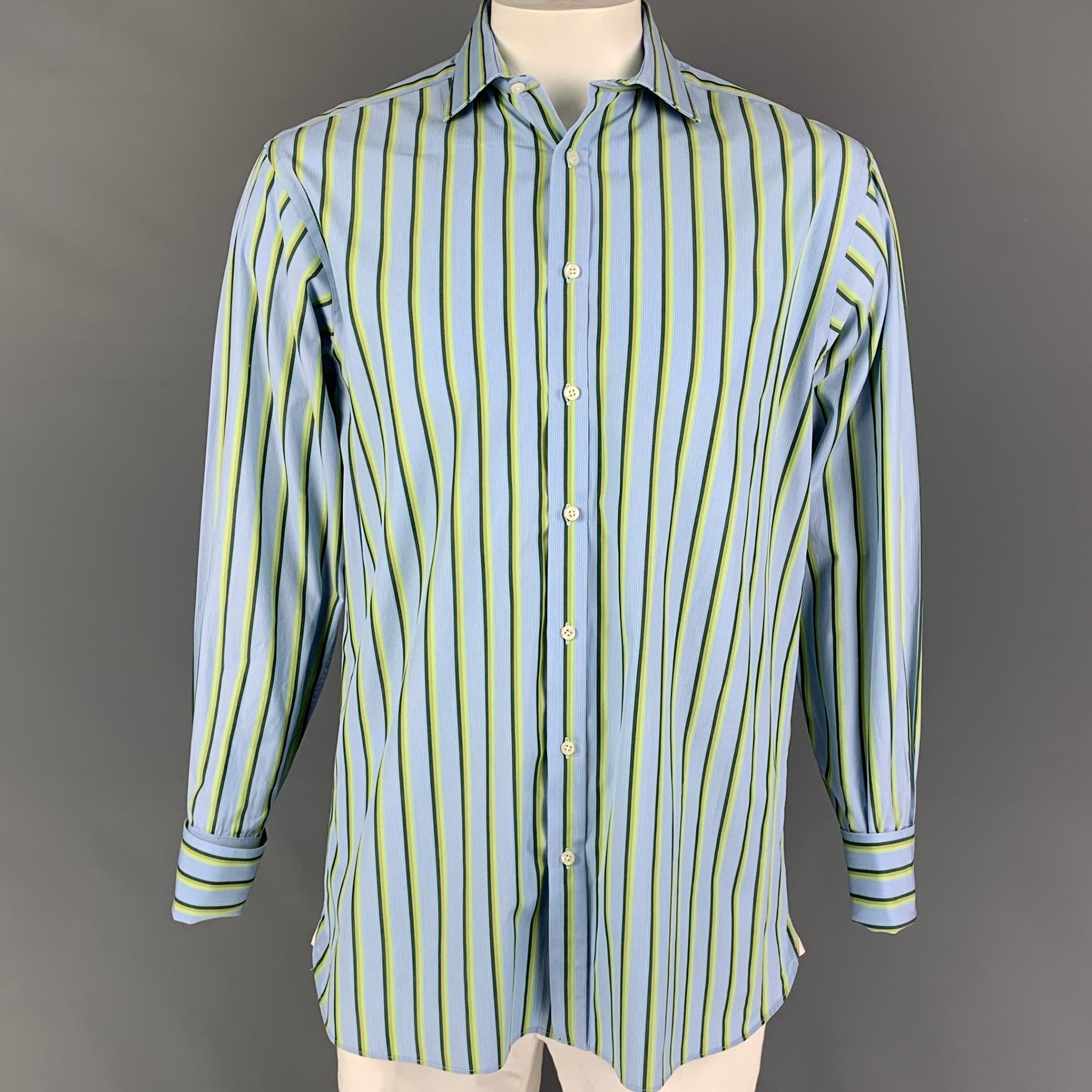 Thomas Pink Blue Stripe French Cuff Shirt 16.5