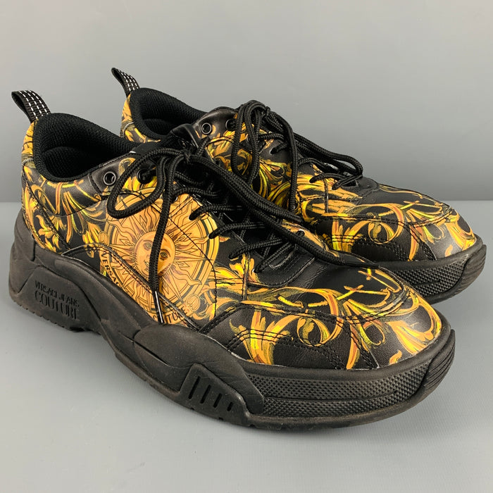 VERSACE JEANS COUTURE Size 10.5 Black Gold Baroque Leather Sneakers