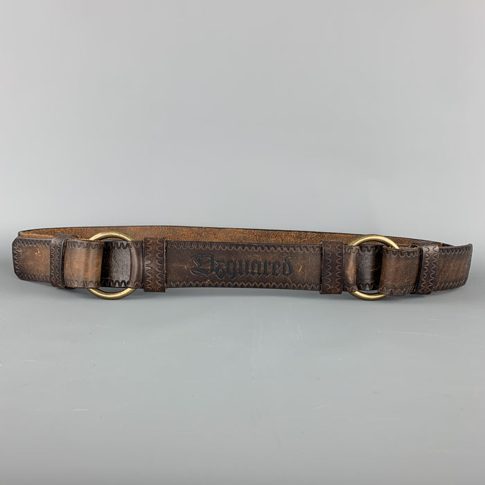 DSQUARED2 Talla M Cinturón de cuero marrón con doble aro y logo en relieve
