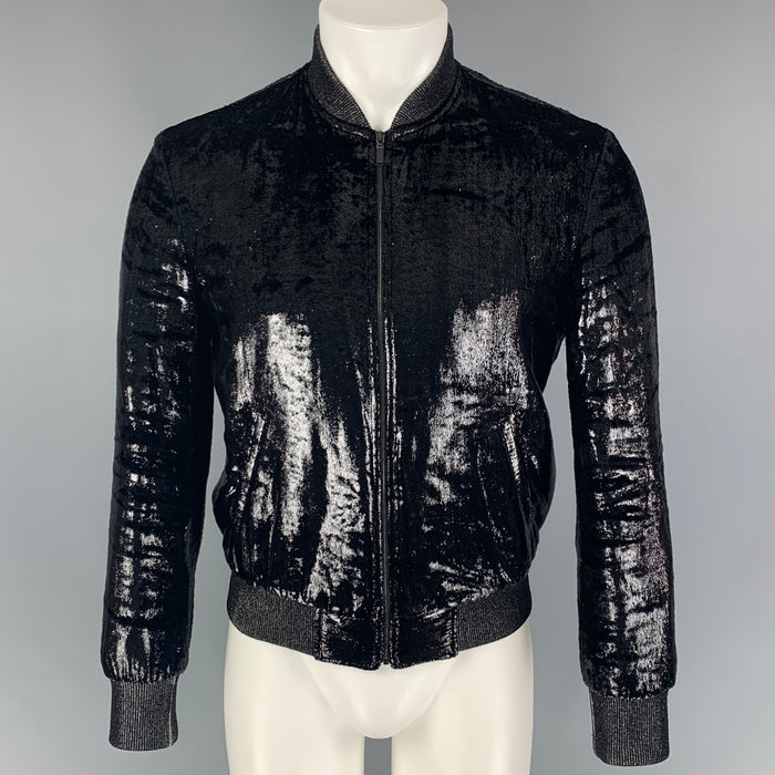 SAINT LAURENT 2017 Size 36 Black Metallic Polyamide Silk Bomber Jacket