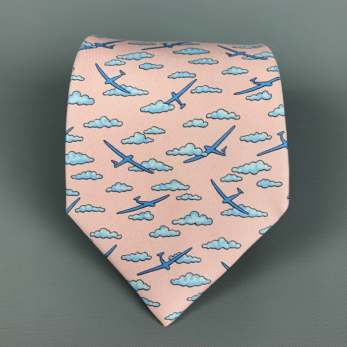 HERMES 5217 IA Pink Light Blue Cloud Print Silk Tie