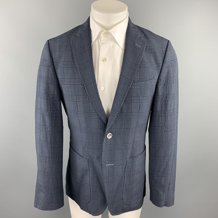 HUGO BOSS Size 38 Regular Navy Plaid Wool Blend Notch Lapel Sport Coat