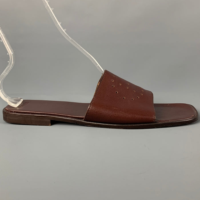HERMES Size 12 Brown Perforated Leather Slip On Sandals
