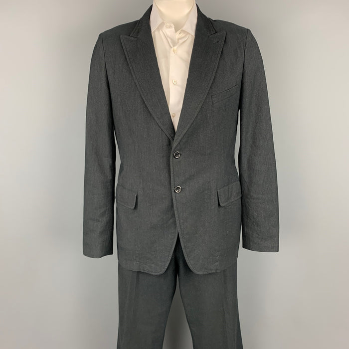 DRIES VAN NOTEN Size 44 Regular Charcoal Cotton / Wool Peak Lapel Suit