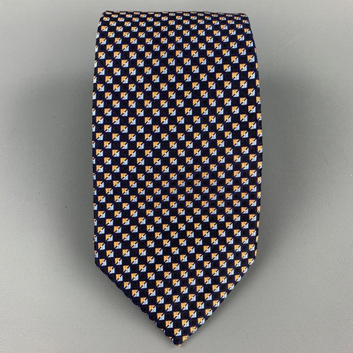 ERMENEGILDO ZEGNA Navy & Gold Squares Silk Tie