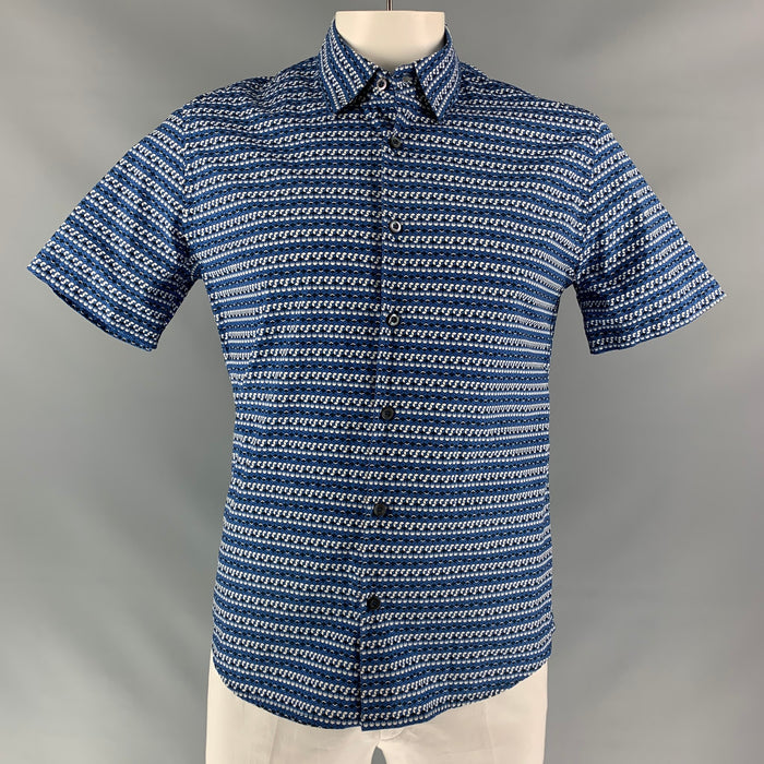 PRADA Size L Blue & White Geometric Button Down Short Sleeve Shirt