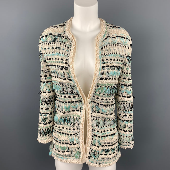 OSCAR DE LA RENTA Size S Cream & Teal Blue Woven Silk Crochet Cardigan Jacket