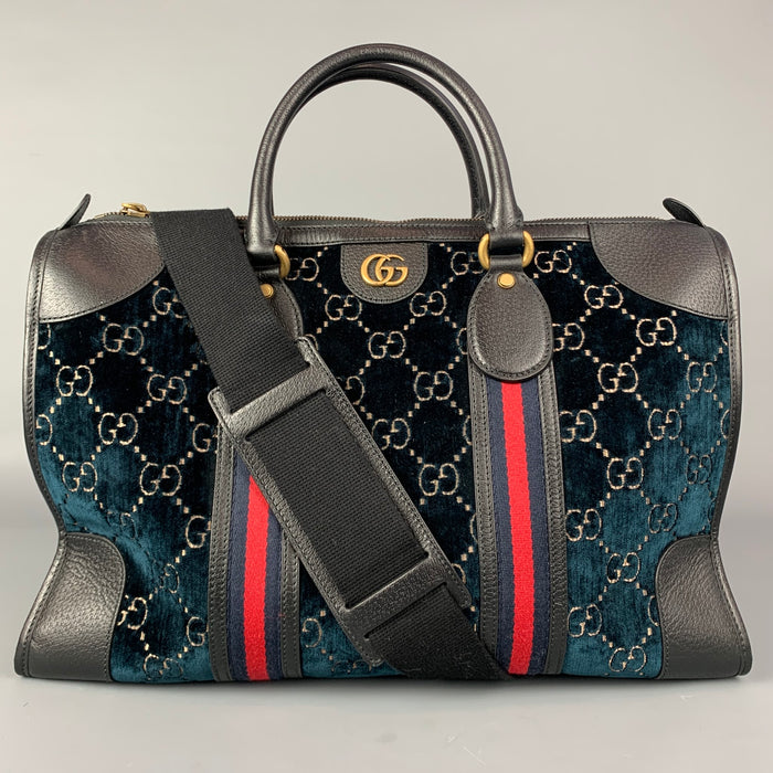 GUCCI Blue Black GG Monogram Velvet Duffle Medium Boston Bag