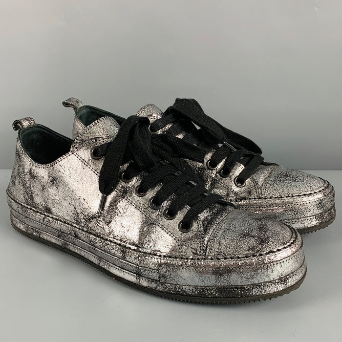 ANN DEMEULEMEESTER Size 9 Silver Black Metallic Leather Lace Up Sneakers
