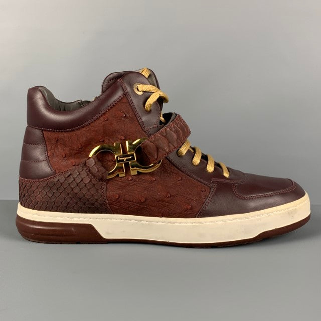 SALVATORE FERRAGAMO Size 10 Burgundy Leather Nayon Gancio High Top Sneakers