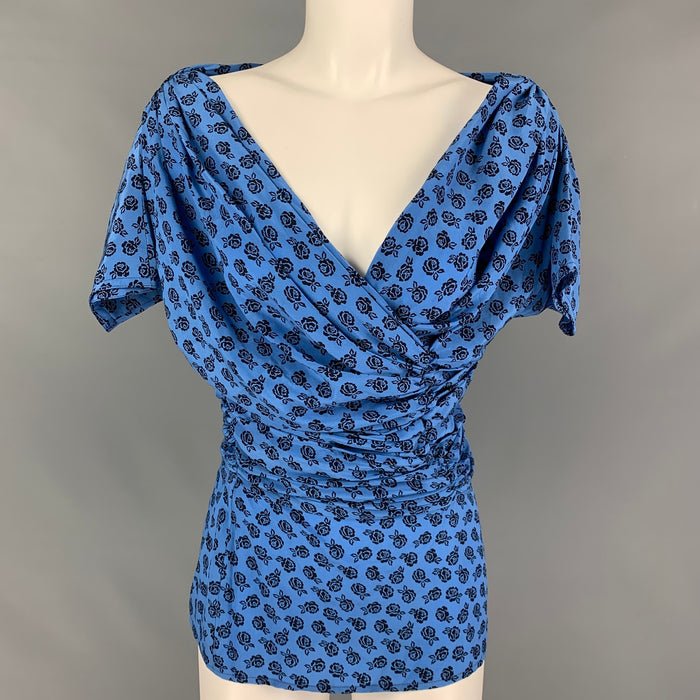GIANNI VERSACE Size 4 Blue Black Silk Floral Ruched Casual Top