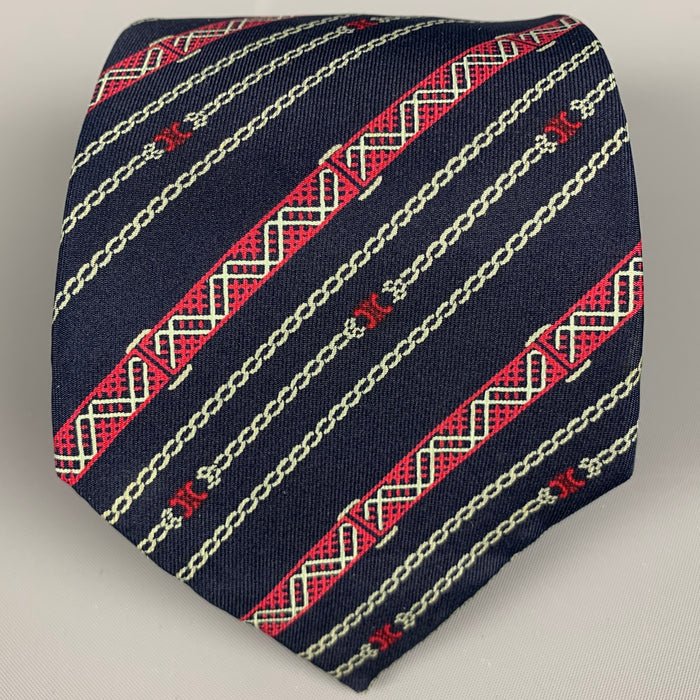 CELINE Corbata de seda con rayas diagonales en azul marino y rojo