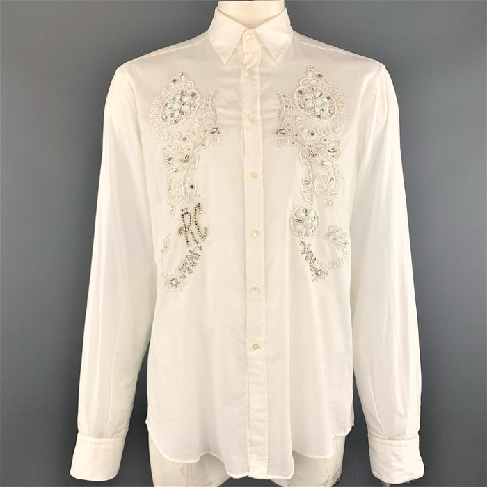 ROBERTO CAVALLI Size XXL White Cotton Beaded Rhinestone Floral Dress Shirt
