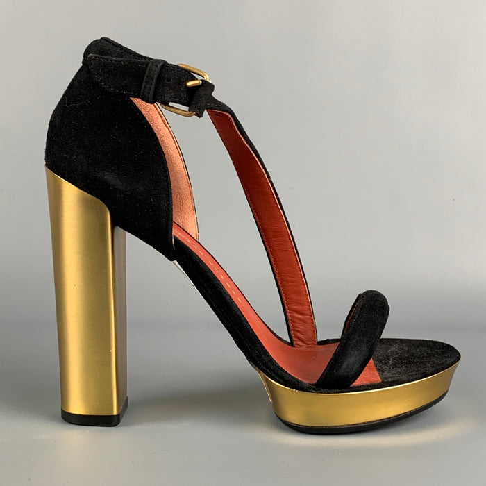 MARC by MARC JACOBS Talla 8 Zapatos de tacón de ante de cuero negro y dorado