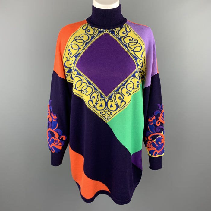 GIANNI VERSACE 1980's Purple Orange Green & Yellow Baroque Wool Sweater