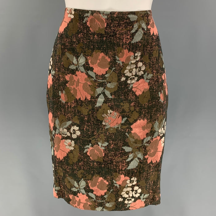DRIES VAN NOTEN Size 6 Black Pink Green Silver Cotton Blend Floral Skirt