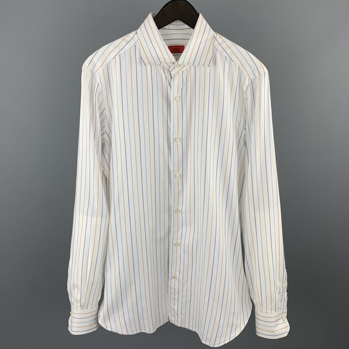 ISAIA Size M White Stripe Cotton Button Up Long Sleeve Shirt