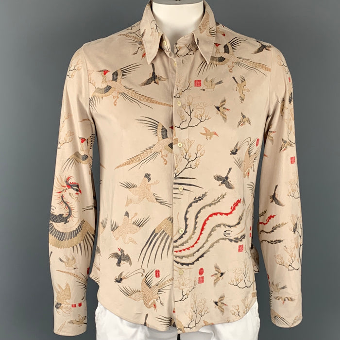 JUST CAVALLI Size L Beige & Gold Print Polyethylene Button Up Long Sleeve Shirt