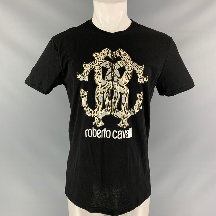 ROBERTO CAVALLI Size XL Black White Graphic Cotton Short Sleeve Shirt