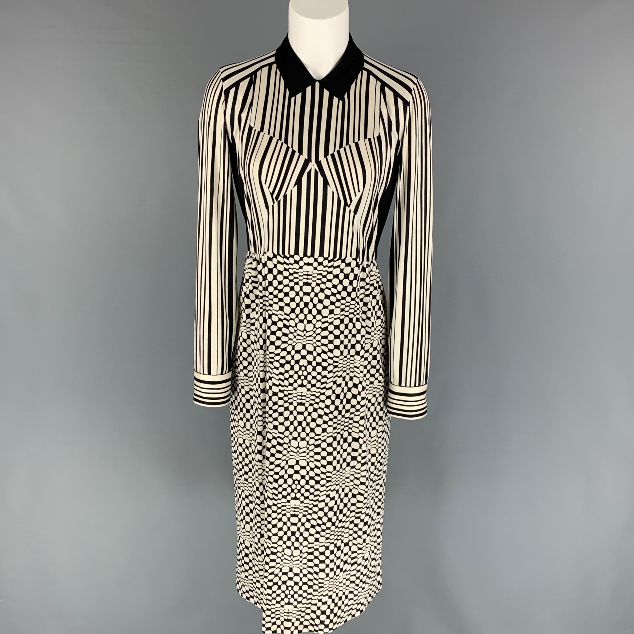 MARC JACOBS Size 2 Black White Silk Graphic Long Sleeve Mid-Calf Dress