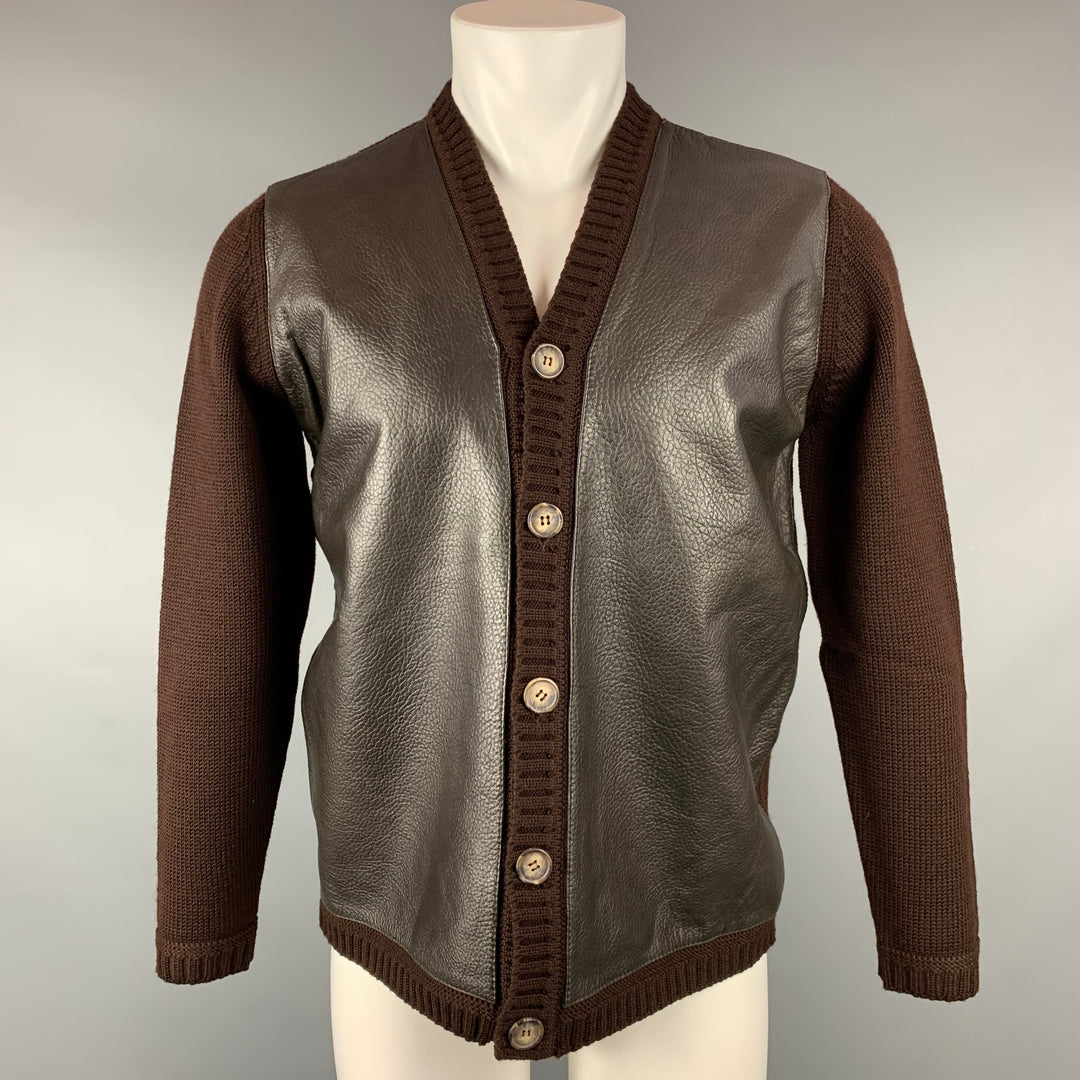 BALLY Size M Brown Wool Leather Trim Buttoned Cardigan