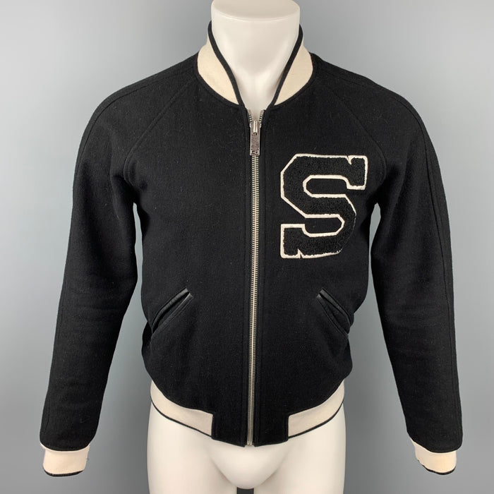 SANDRO Size S Black & White Patch Wool Blend Zip Up Jacket