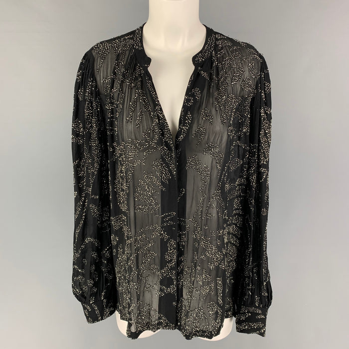 DRIES VAN NOTEN Size XS Black Silver Viscose Beaded Open Collar Shirt