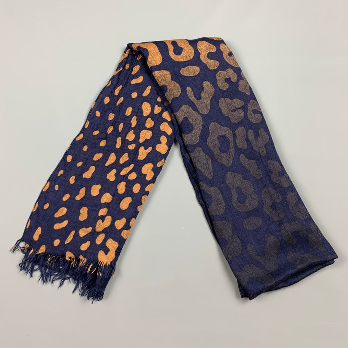 GUCCI Navy & Tan Animal Print Logo Viscose Blend Scarf