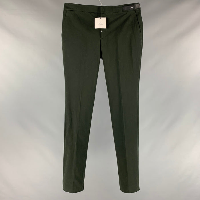 HERMES Size 34 Green Forest Green Solid Cotton Dress Pants