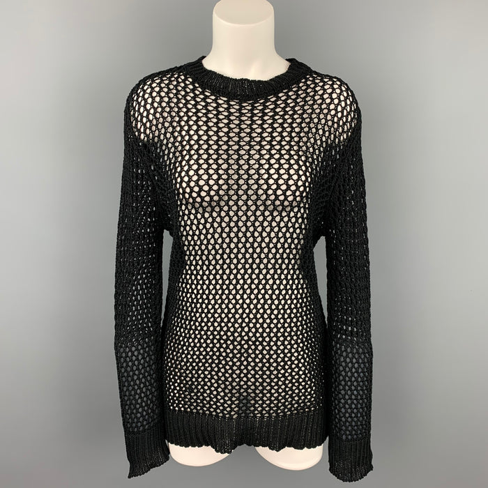 DRIES VAN NOTEN Size L Black Mesh Cotton Crew-neck Pullover