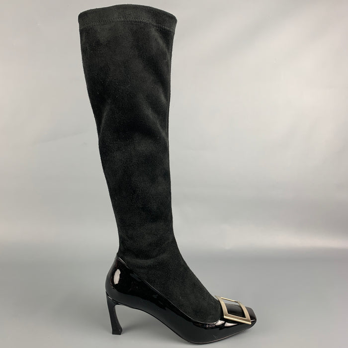 ROGER VIVIER Size 6 Black Suede Two Tone Patent Leather Curved Heel Boots