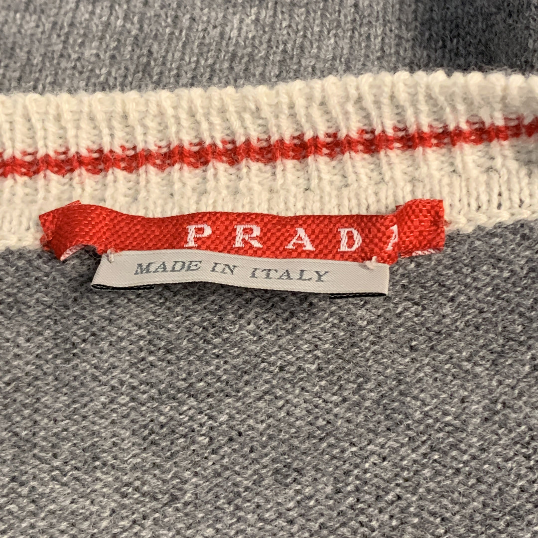 PRADA Size L Gray Wool V-Neck Beige Trim Elbow Patch Pullover Sweater