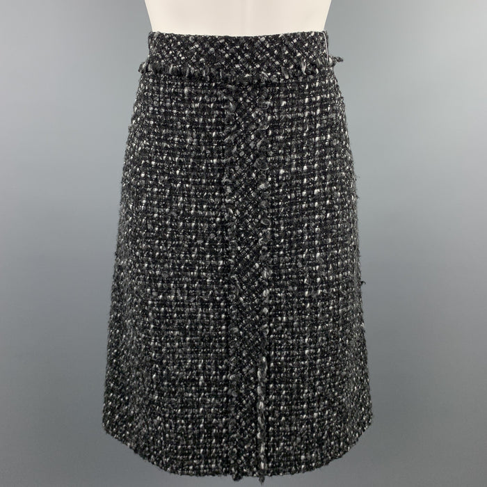 CAROLINA HERRERA Size 4 Black & Grey Boucle Textured Wool Blend Skirt