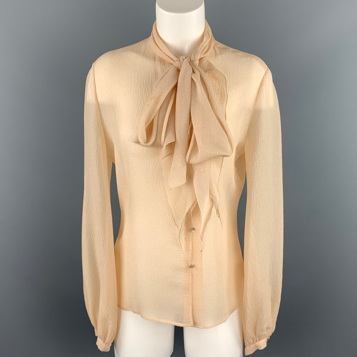 HERMES Size 8 Beige Crepe Silk Tie Neck Blouse