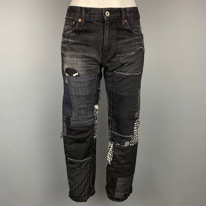 COMME des GARCONS Talla 28 Vaqueros patchwork negros y grises